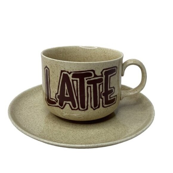 Coffee Mug With Saucers Latte Porcelain Italian Expresso Tan Set Of 2 - Picture 2 of 8